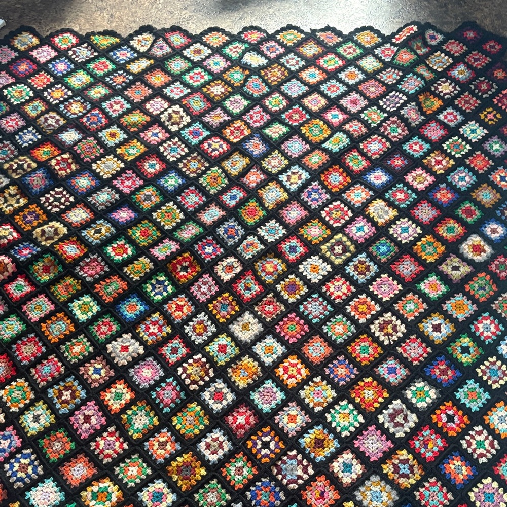 Vintage Black Trim Granny Square Afghan Roseanne Couch Blanket
